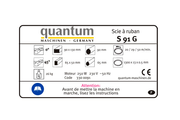 ماشین ابزار تیرکس | متخصص فناوری برش | دستگاه برش اره نواری محوری سایز 90 میلی متر محصول شرکت کوانتوم (QUANTUM) مدل S 91 G